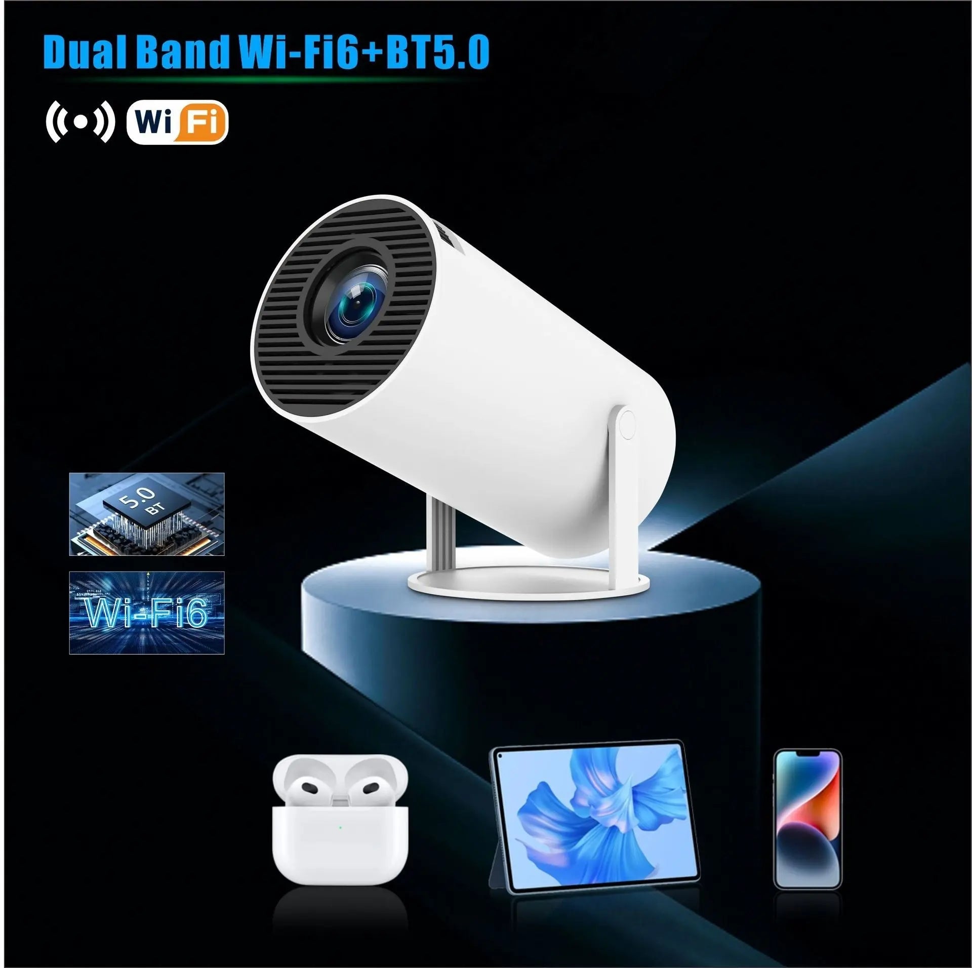 White security camera with Wi-Fi and Bluetooth icons on a dark background