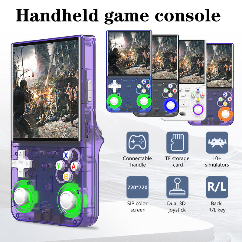 Handheld game console with features highlighted on a white background