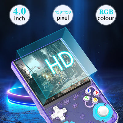 Handheld gaming console with 4.0-inch screen, 720x720 pixels, RGB color display, and 'HD' text on screen.