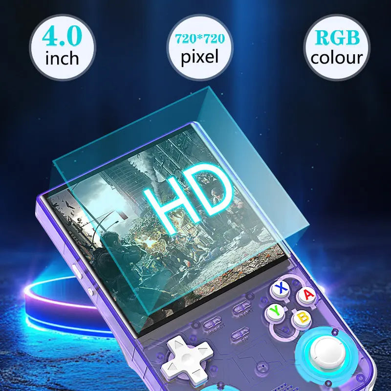 Handheld gaming console with 4.0-inch screen, 720x720 pixels, RGB color display, and 'HD' text on screen.