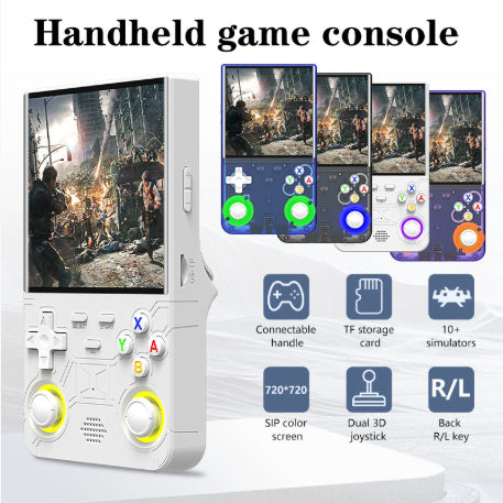 Handheld game console with screen displaying a game and feature icons below.