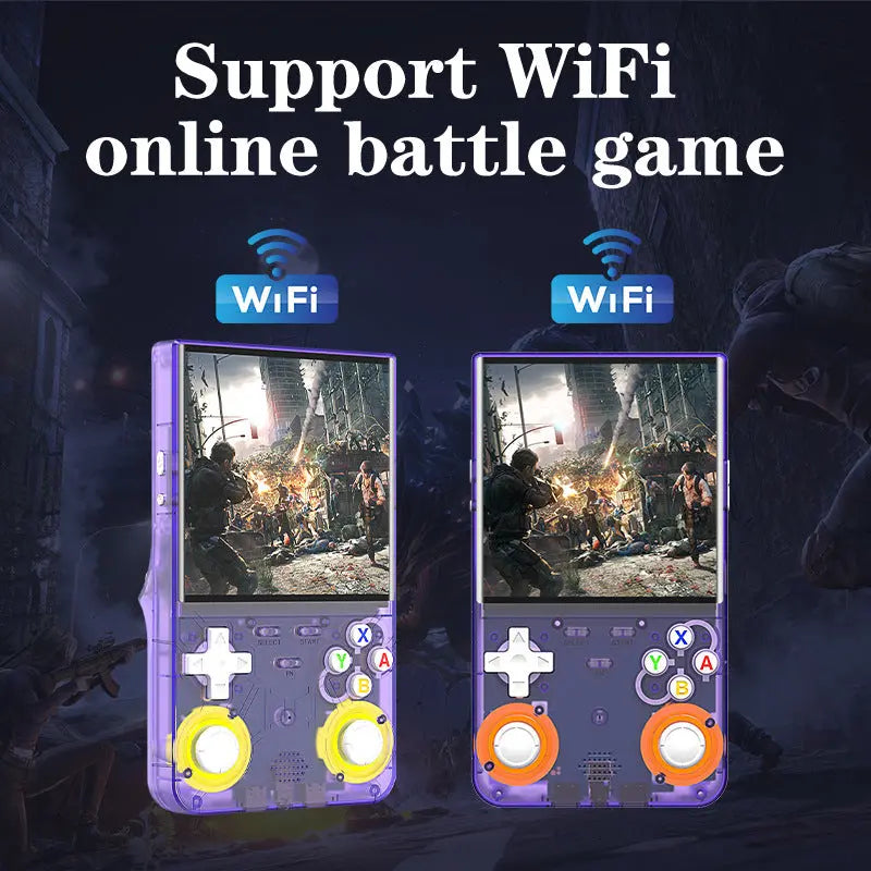 Two handheld gaming devices with WiFi indicators on a dark background, displaying an online battle game.