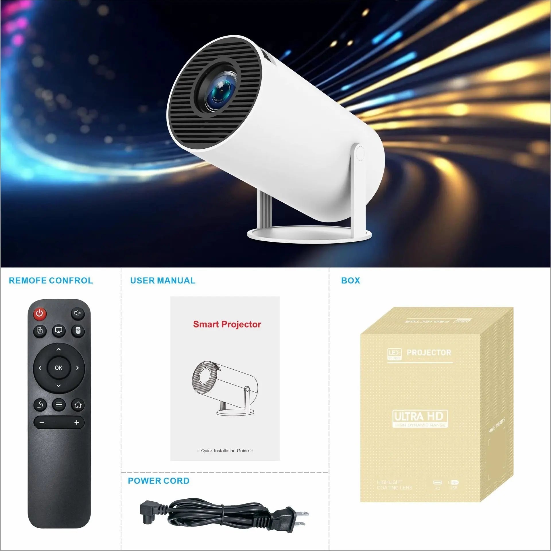 Smart projector with remote control, user manual, power cord, and packaging on a dynamic background